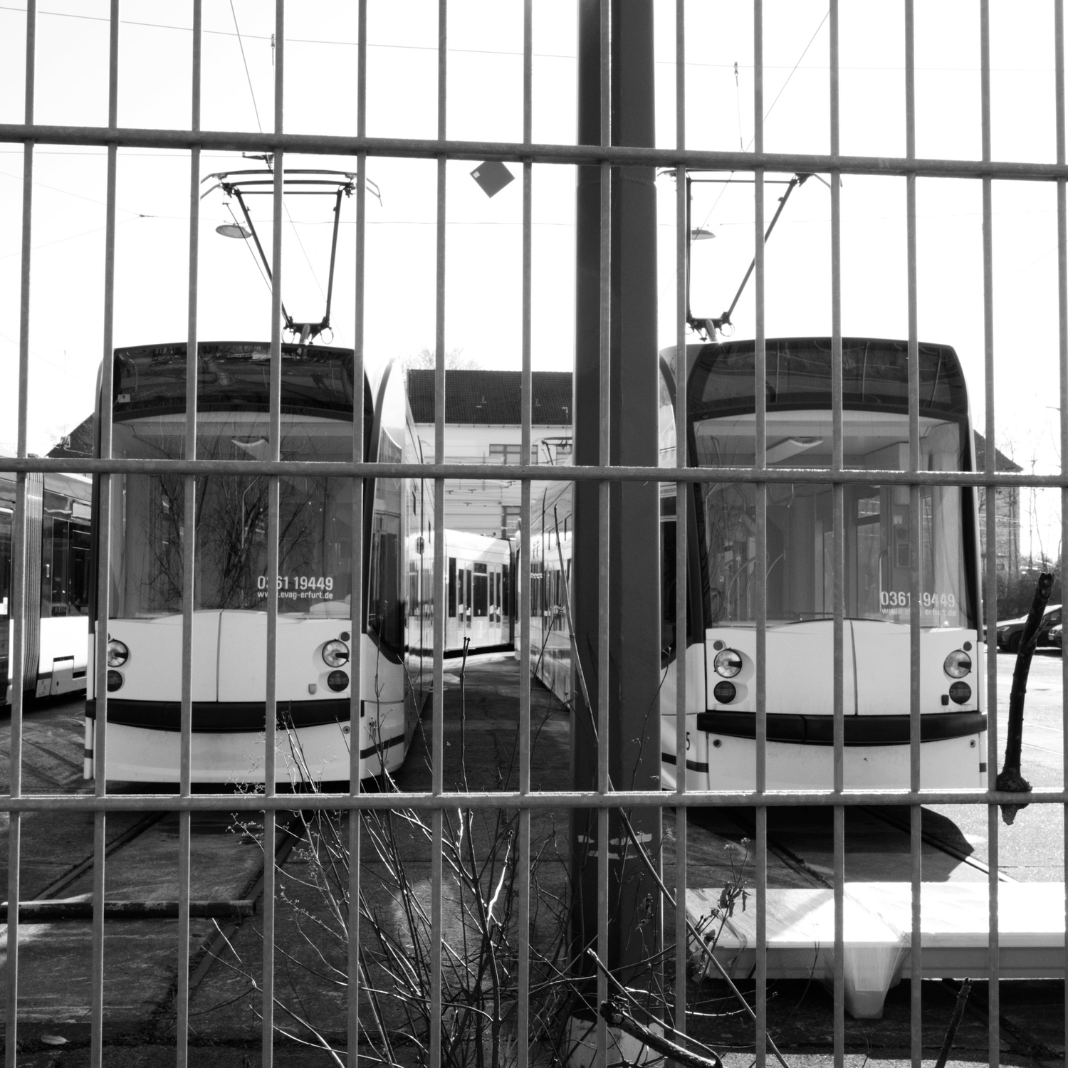 Zwei Bahnen der älteren Generation Siemens Combino auf dem Betriebshof Nordhäuser Straße.